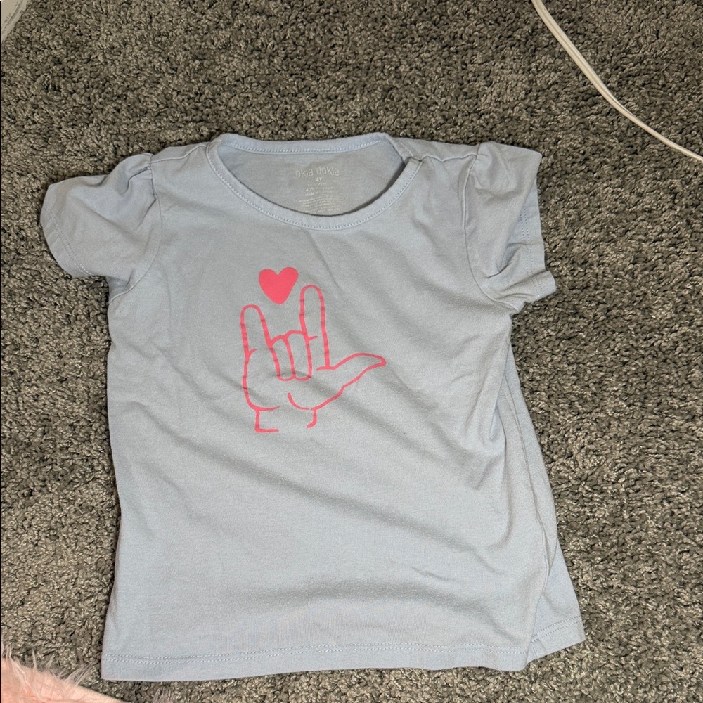 Okie Dokie Light Blue Tee with Pink Heart Graphic